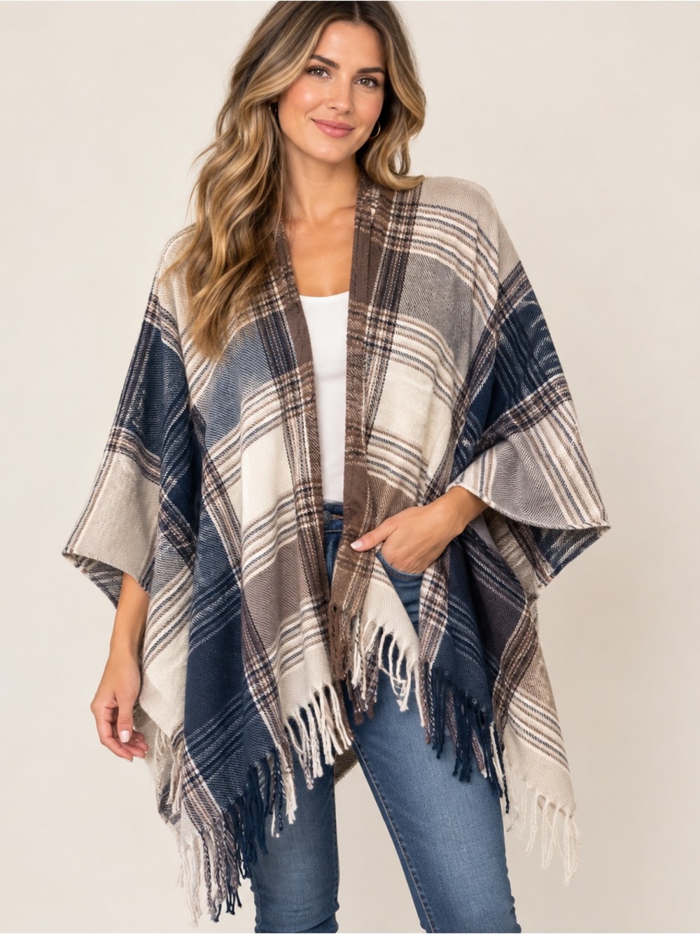 Altare Plaid Fringe Shawl Wrap in Navy, Brown, and Cream